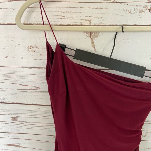 Windsor S Maroon One Shoulder Thin Spaghetti Strap Ruched Side Mini Dress - Picture 6 of 11